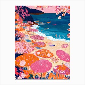 Pink Umbrellas On The Beach 3 Canvas Print