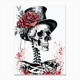 Floral Skeleton With Hat Ink Painting (41) Canvas Print