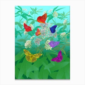 Multi-Colored Butterflies On Flowers And Leaves Canvas Print