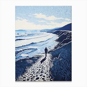 Linocut Of Chesil Beach Dorset 1 Canvas Print