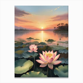 Lotus Flower At Sunset Canvas Print