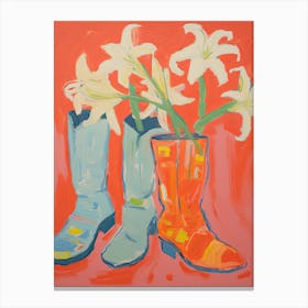Painting Of White Flowers And Cowboy Boots, Oil Style 5 Canvas Print