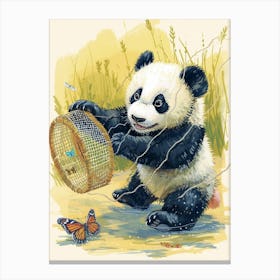 Giant Panda Cub Playing With A Butterfly Net Storybook Illustration 3 Canvas Print