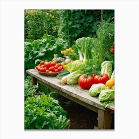 A Tranquil Domestic Garden Overflowing With Vibrant Vegetables Gleaming Tomatoes Peep From The Le (5) Canvas Print