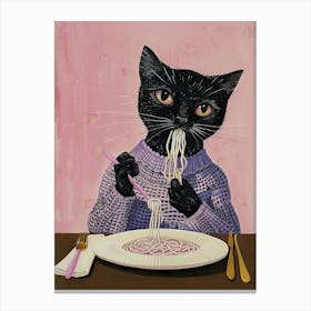 Cute Black Cat Eating Pasta Folk Illustration 1 Canvas Print
