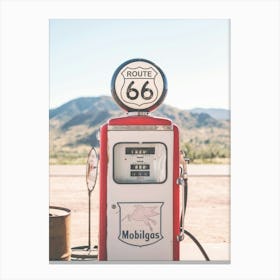 Route 66, USA I Deep America vintage retro gas pump photography in front of Arizona California road landscape to pastel aesthetic of summer under the sun of a stopover at the gas station during a road trip Canvas Print