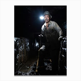 Old Miner Face Smeared With Coal Hard At Work In A Dimly Lit Coal Shaft At Night Beams Of Light O Canvas Print