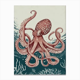 Red & Navy Octopus Linocut Inspired In The Ocean 4 Canvas Print