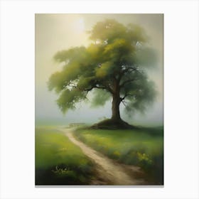 Oak tree, fine work of art, misty atmosphere, green meadow..10 Canvas Print