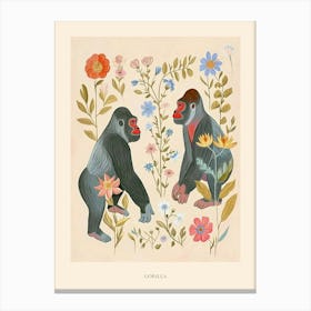 Folksy Floral Animal Drawing Gorilla 6 Poster Canvas Print