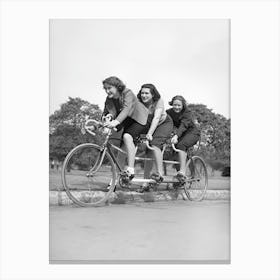 Three Women On A Bicycle, Vintage Black and White Old Photo Canvas Print