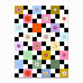 Checkered Daisies Retro Colorful Flower Check Canvas Print