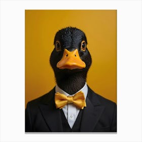 A whimsical portrait of a duck with a sleek black head and bright yellow beak, dressed in a classic black tuxedo and a cheerful yellow bow tie. Canvas Print