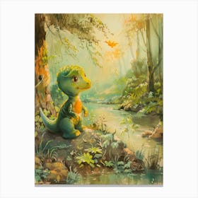 Cute Dinosaur By The Stream Watercolour Painting 2 Canvas Print