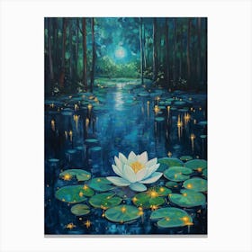 A Painting Of Forest At Night, Where The Moonlight Reflects On Lily Pads Canvas Print