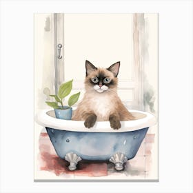 Siamese Cat In Bathtub Botanical Bathroom 3 Canvas Print