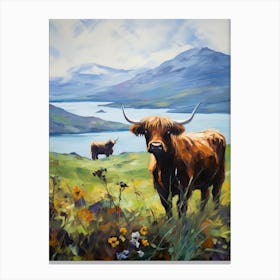 Two Highland Cows By The Loch Impressionism Style Painting Canvas Print