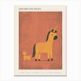 Unicorn Walking A Dog Coral Muted Pastels Poster Canvas Print