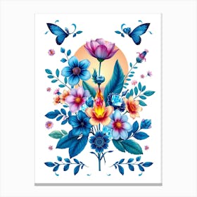 Blue Flowers With Butterflies Canvas Print