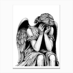 Weeping Angel Statue in Black and White Ink Canvas Print