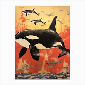 Orca, Woodblock Animal  Drawing 3 Canvas Print