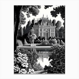 Palace Of Fontainebleau Gardens, France Linocut Black And White Vintage Canvas Print