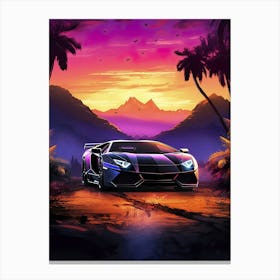 Synthwave aesthetic sport car with palms [synthwave/vaporwave/cyberpunk] — aesthetic poster, retrowave poster, vaporwave poster, neon poster Canvas Print