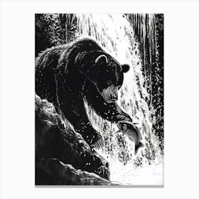 Malayan Sun Bear Catching Fish In A Waterfall Ink Illustration 1 Canvas Print