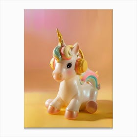 Toy Unicorn Listening To Music With Headphones Pastel Yellow Canvas Print