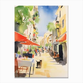 Food Market With Cats In Mallorca 3 Watercolour Canvas Print