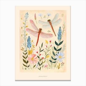 Folksy Floral Animal Drawing Dragonfly 2 Poster Canvas Print