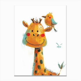 Small Joyful Giraffe With A Bird On Its Head 2 Canvas Print