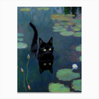 Monet  Style Water Lilies With Black Cat Canvas Print