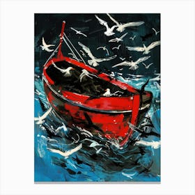 Red Boat With Seagulls Canvas Print