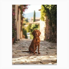 Dog Sitting On Cobblestone Street. Generated AI. Art Print Canvas Print