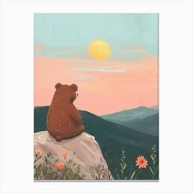Brown Bear Looking At A Sunset From A Mountaintop Storybook Illustration 3 Canvas Print