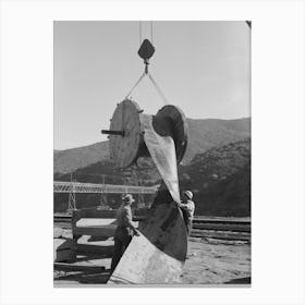 Workmen Handling Section Of Rubber Conveyor Belt Which Transports Gravel To Shasta Dam, Shasta County, California Canvas Print