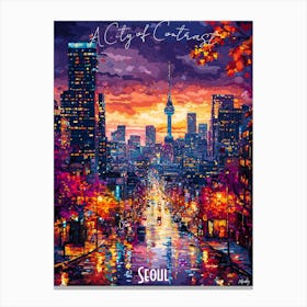 Seoul Skyline, abstract cubism vibrant Poster Canvas Print