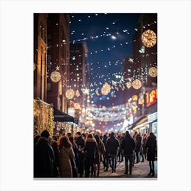 Banner At A Lively New Years Eve Party Drapes Elegantly Across A Bustling Street Strands Of Shiny (5) Canvas Print