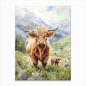 Highland Cow With Calf In The Background Canvas Print