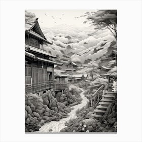 Shirakawa Go In Gifu, Ukiyo E Black And White Line Art Drawing 1 Canvas Print