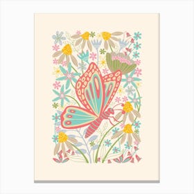 BUTTERFLY LANDING Delicate Bugs Floral with Pastel Garden Flowers Red Turquoise Canvas Print