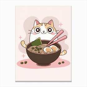 Lo Fi Style - Adorable Round Cat Enjoying Ramen with Pink Chopsticks – Cute Illustration with Soft Pink Background Canvas Print