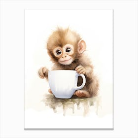 Monkey Painting Drinking Tea Watercolour 3 Canvas Print