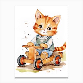 Kitten On Toy Car, Watercolour Nursery 2 Canvas Print