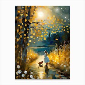 Little Girl And Cat In The Moonlight Canvas Print