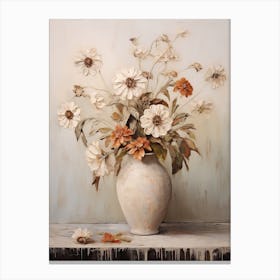 Zinnia, Autumn Fall Flowers Sitting In A White Vase, Farmhouse Style 1 Canvas Print