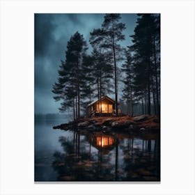 Cabin In The lake by night Canvas Print