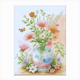 Flowers In A Vase With Butterfly Canvas Print