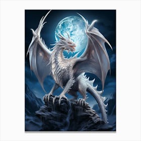 A White Dragon Flies In Front Of A Full Moon Canvas Print